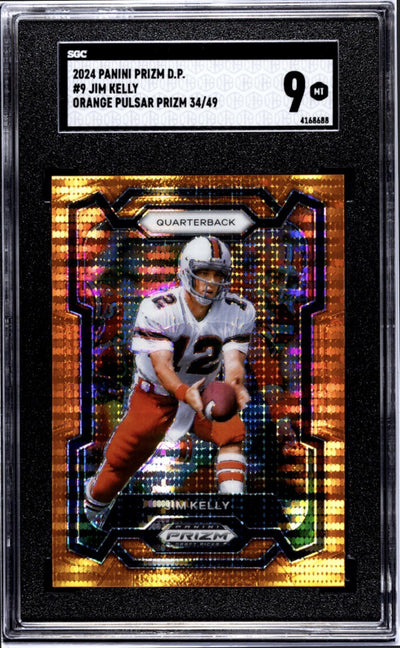 34/49* 2024 Panini Prizm Draft Picks Orange Pulsar Jim Kelly NFL Bills HOF SGC 9