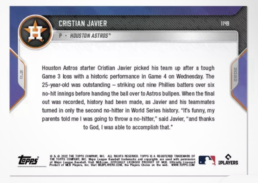 Christian Javier 2022 TOPPS NOW #1149 HOUSTON MLB ASTROS WORLD SERIES NO HITTER*