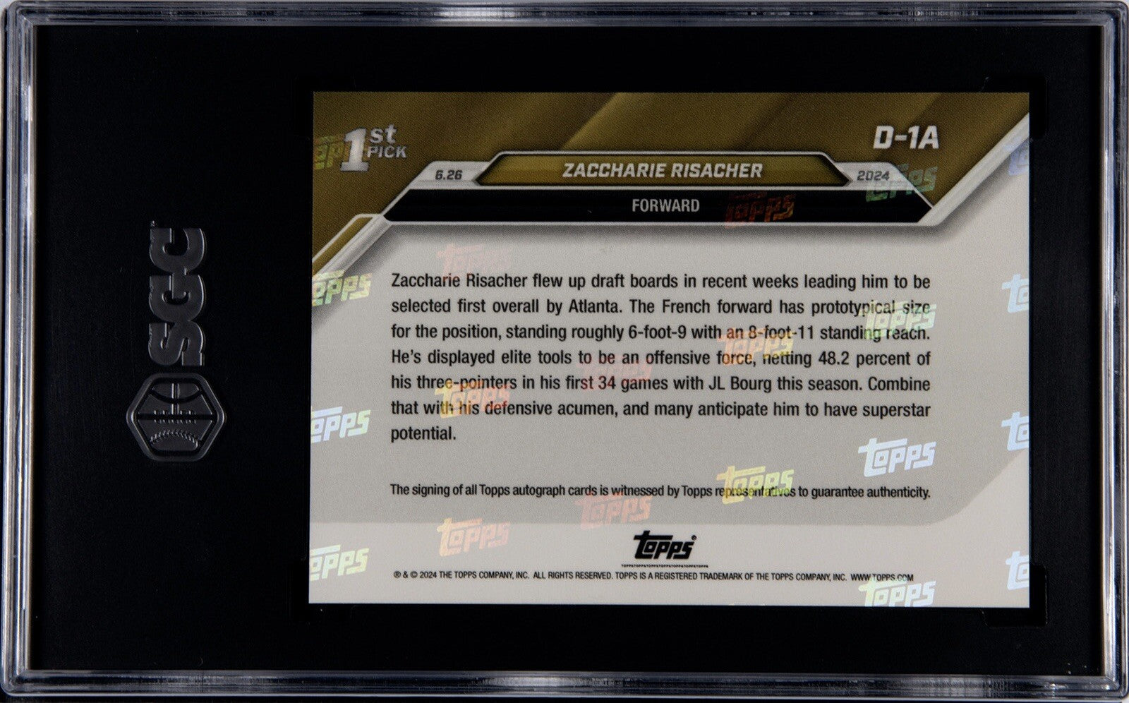 42/99 Zaccharie Risacher RC 2024 Topps Now NBA Draft Night D-1A NBA Hawks SGC 10