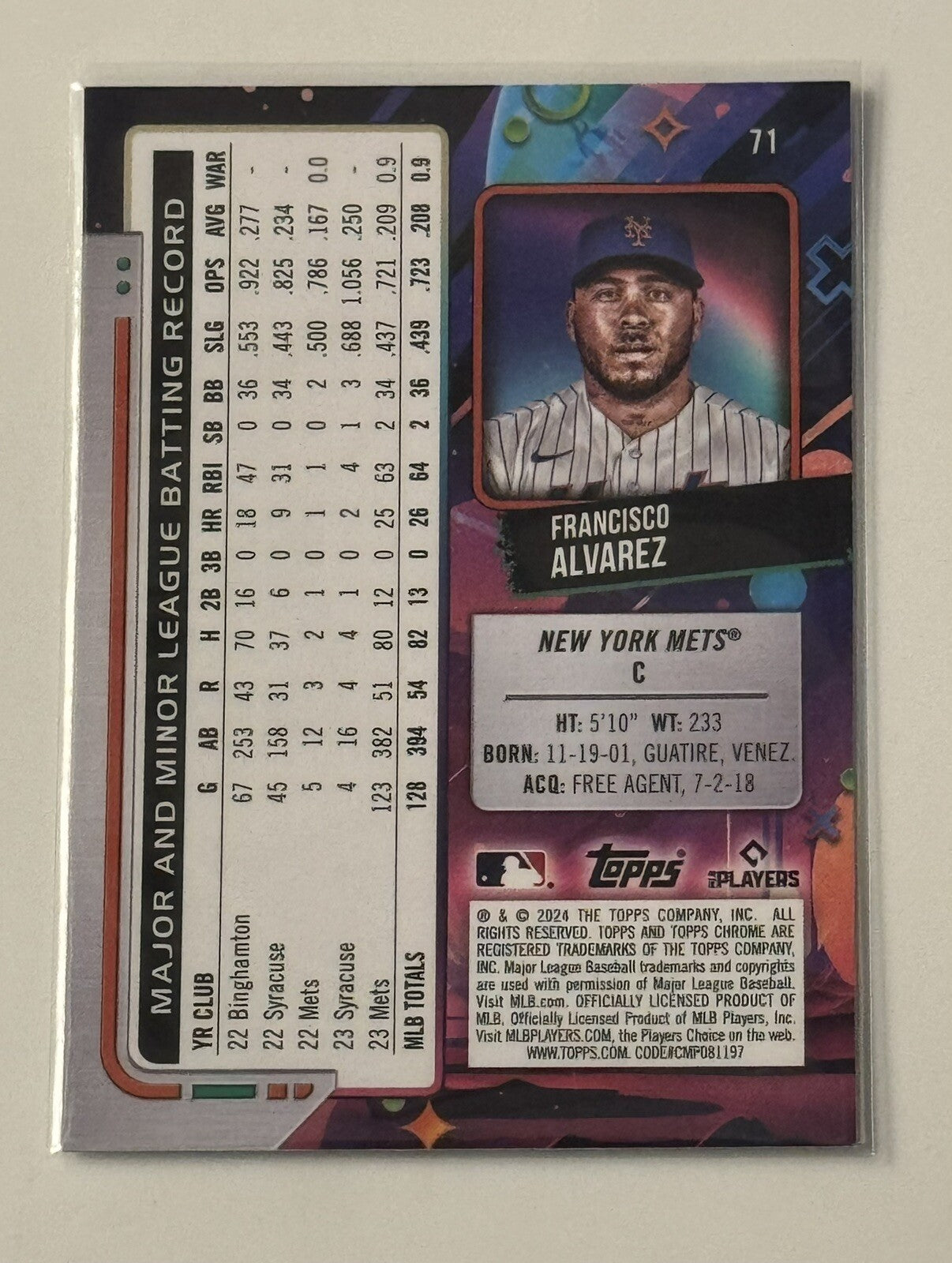 2024 Topps Chrome Cosmic Francisco Alvarez* - MLB New York Mets Baseball Card 71