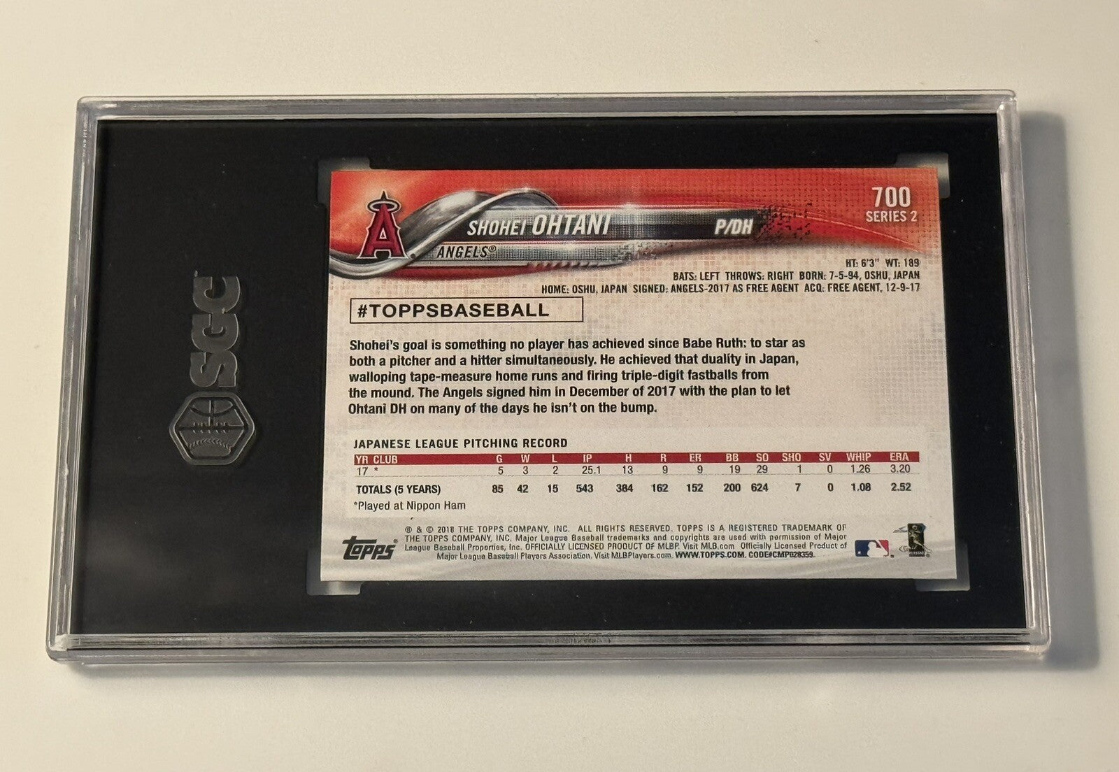 SGC 9.5 Shohei Ohtani RC* 2018 TOPPS PITCHING Rookie Card #700 - MLB LA DODGERS*