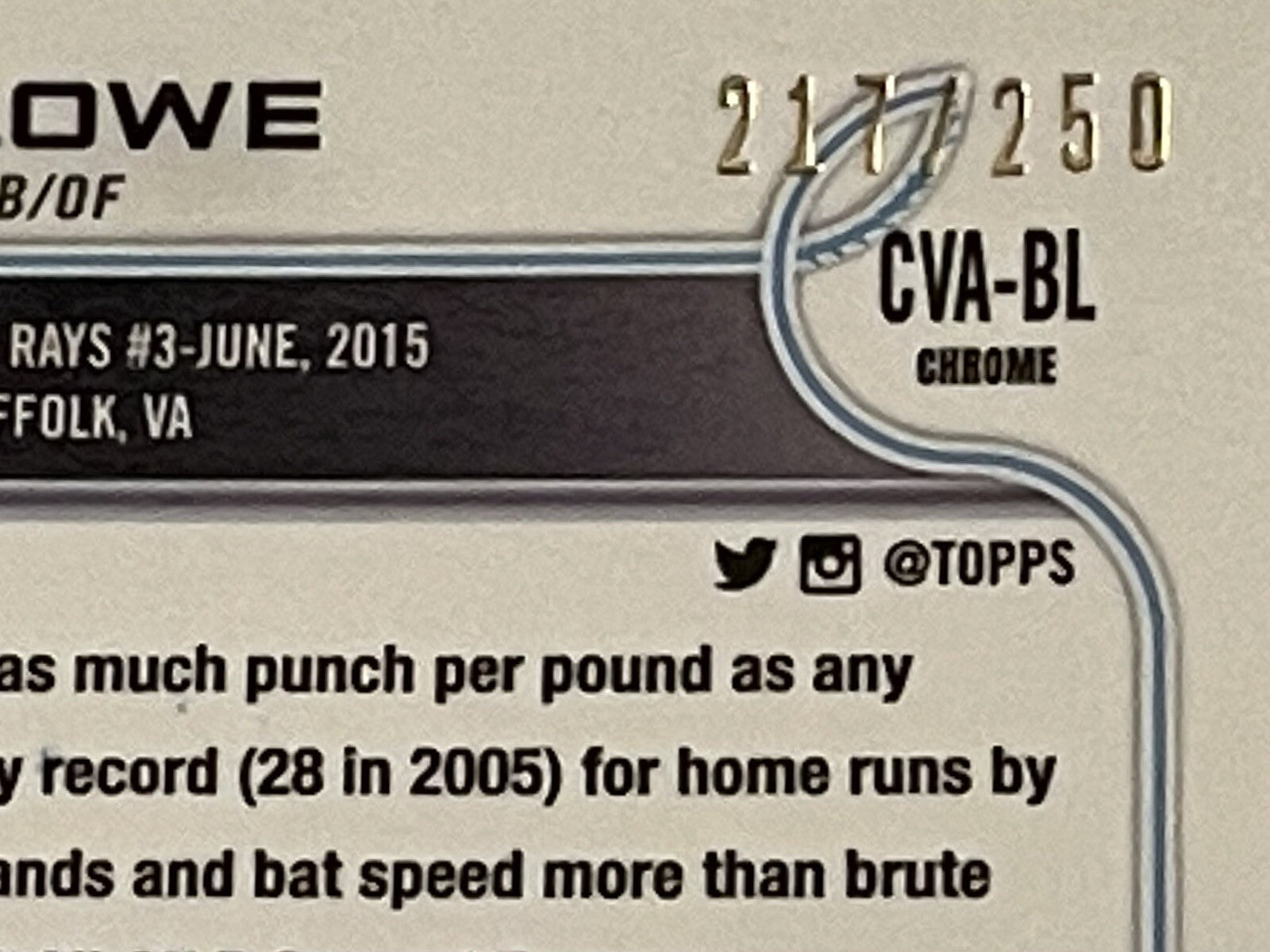 2022 Topps Chrome BRANDON LOWE AUTO PURPLE REFRACTOR 217/250 #CVA-BL TB RAYS