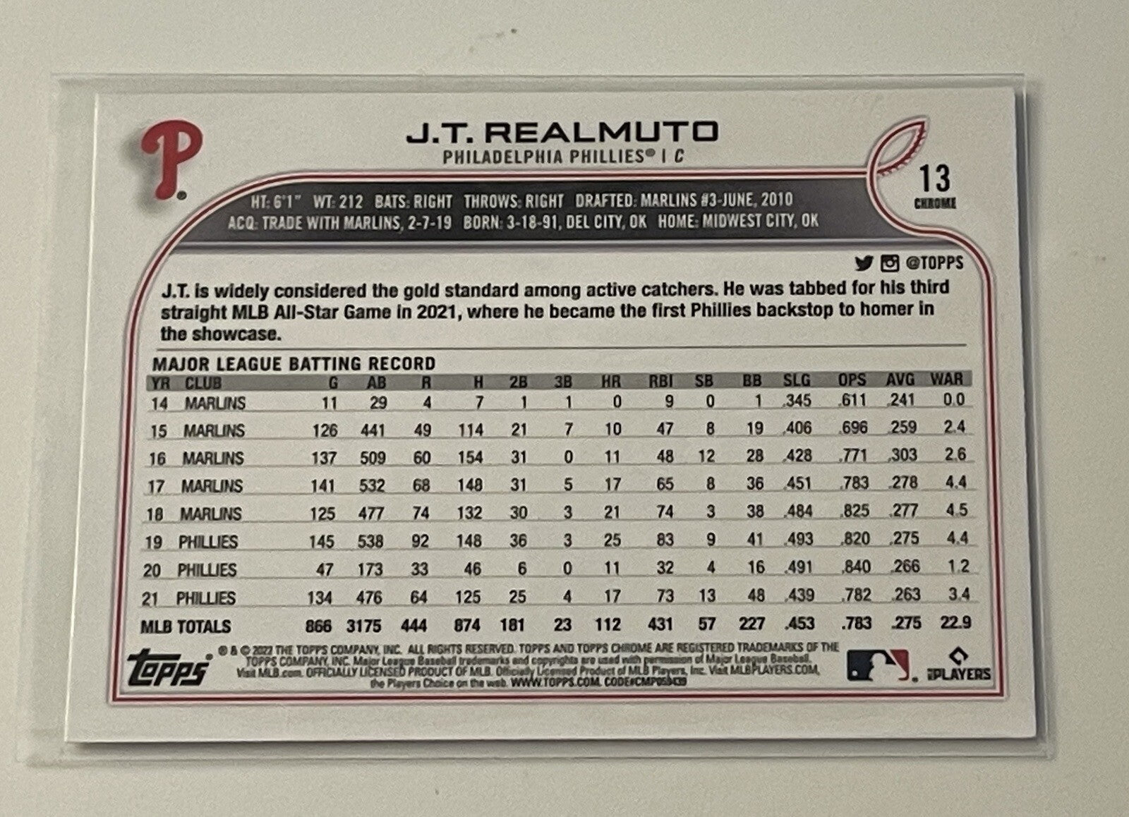 2022 Topps Chrome J.T. Realmuto  - MLB Philadelphia Phillies - Baseball Card #13