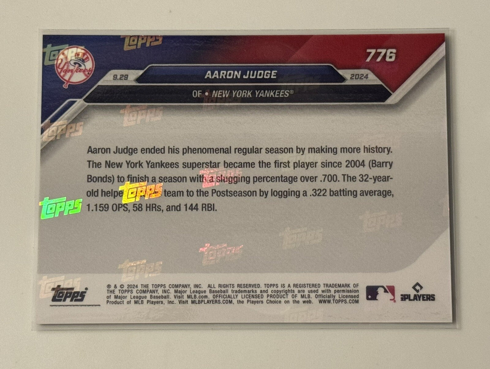 ALL RISE! 6/25* Aaron Judge* .700 Slugging % MLB 2024 Topps NOW NY Yankees #776*