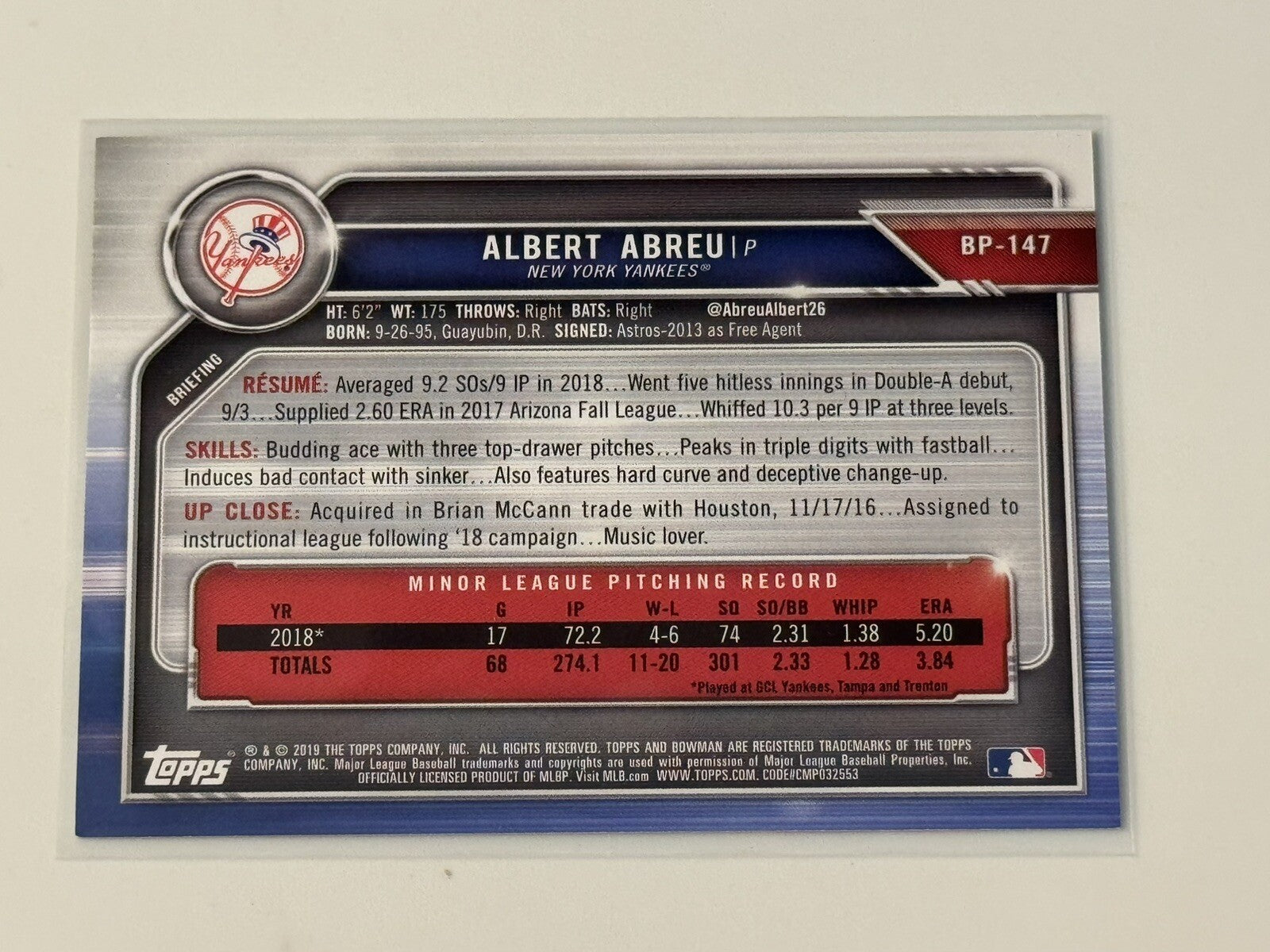 420/499* Albert Abreu RC 2019 Bowman Prospects Card #BP-147 MLB New York Yankees