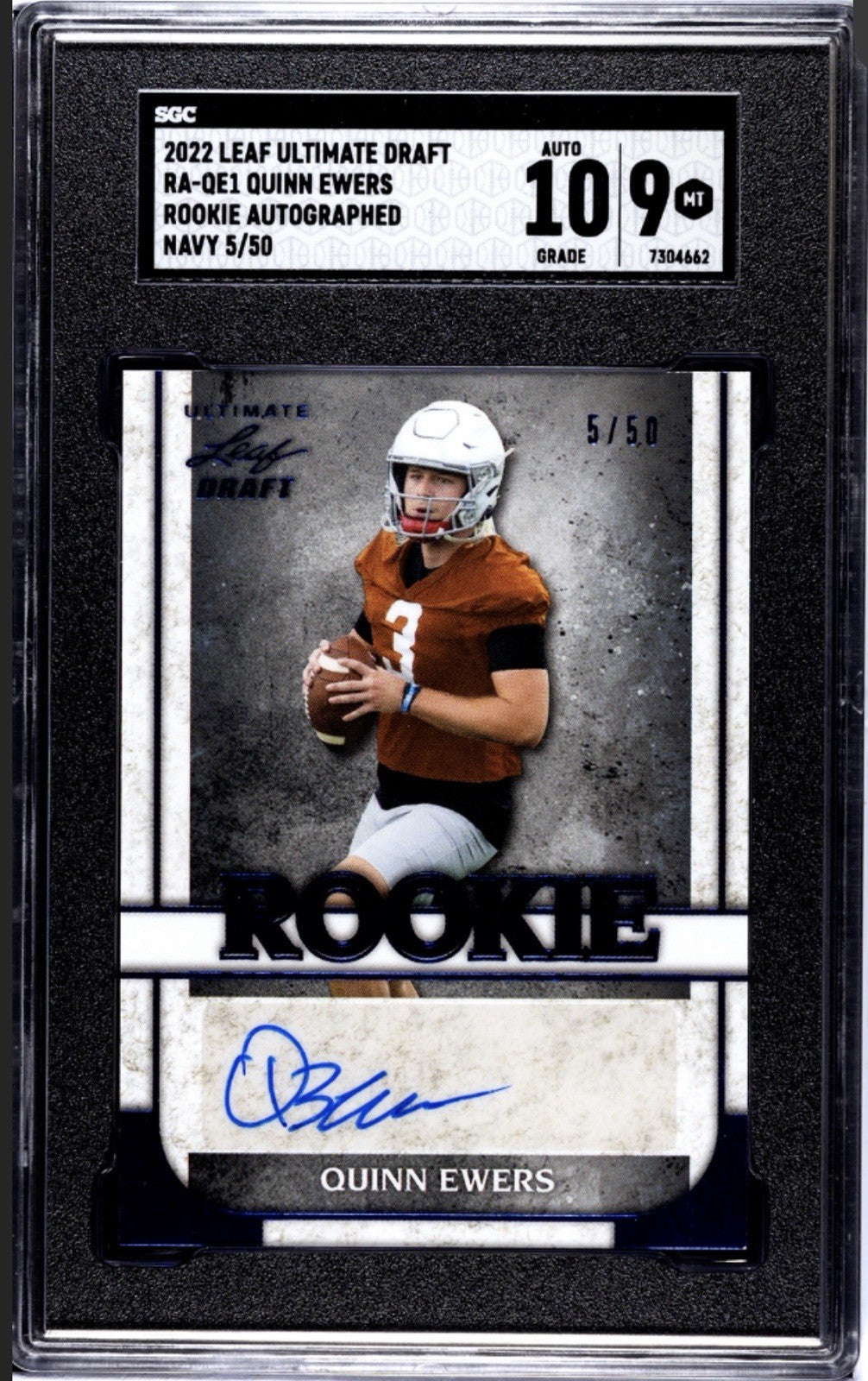 5/50* 2022 Leaf Ultimate Draft TEXAS QUINN EWERS RC Auto Navy SSP #RA-QE1 SGC 9