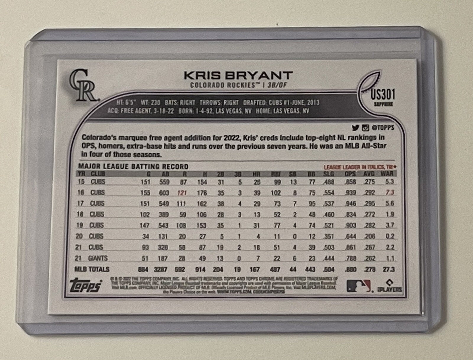 2022 Topps Update Kris Bryant #US301 - Blue Sapphire - MLB Cubs/Colorado Rockies