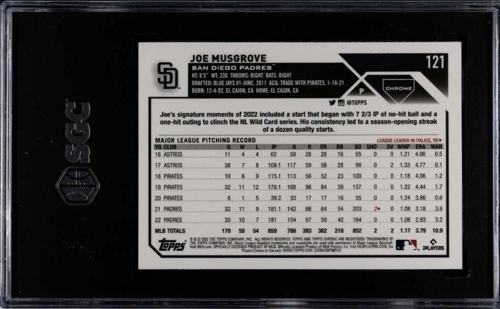 Joe Musgrove 2023 Topps Chrome baseball card #121 graded SGC 10 San Diego Padres chrome refractor