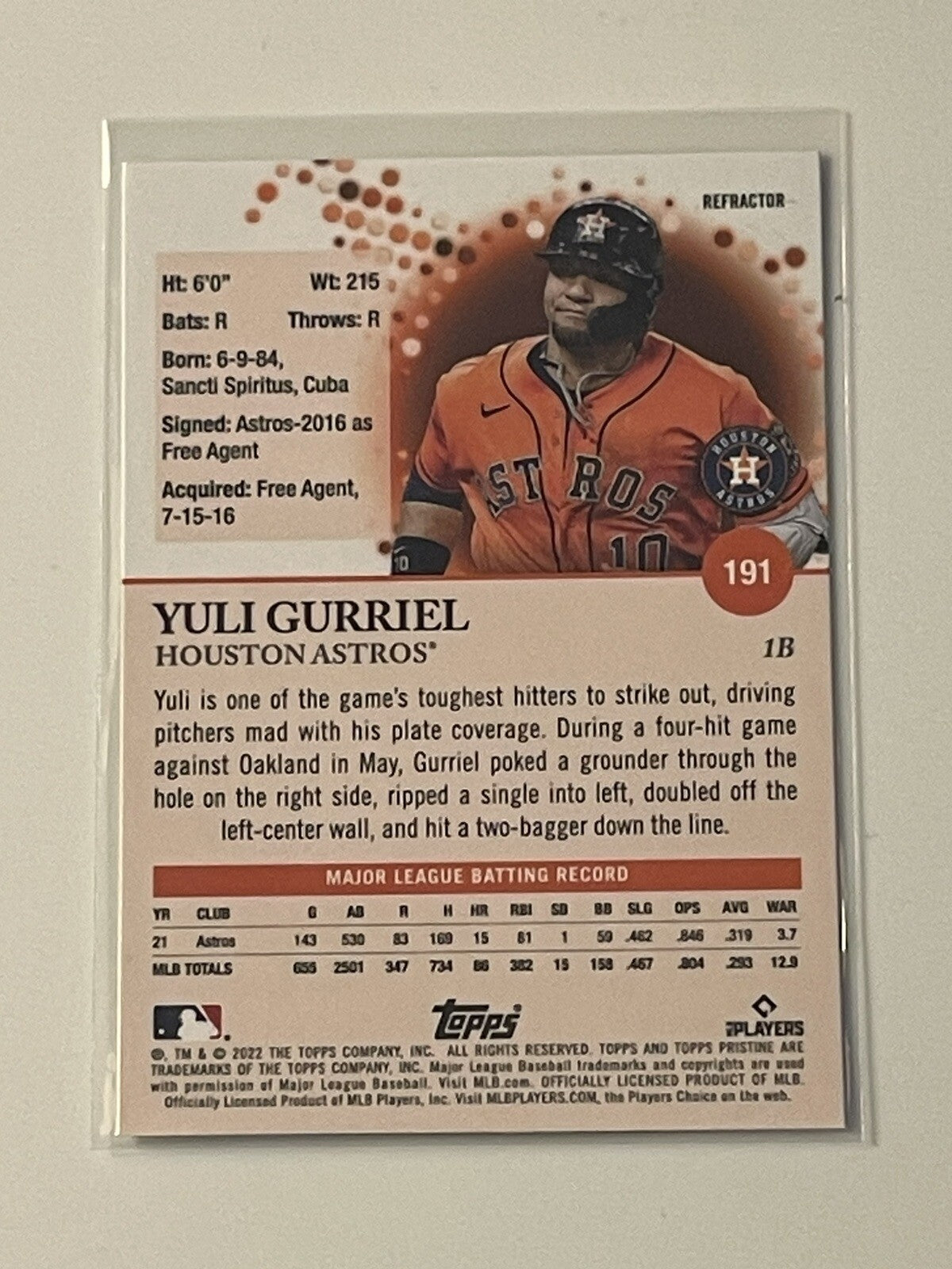 2022 Topps Pristine Yuli Gurriel - Gold Refractor - MLB Houston Astros Card #191