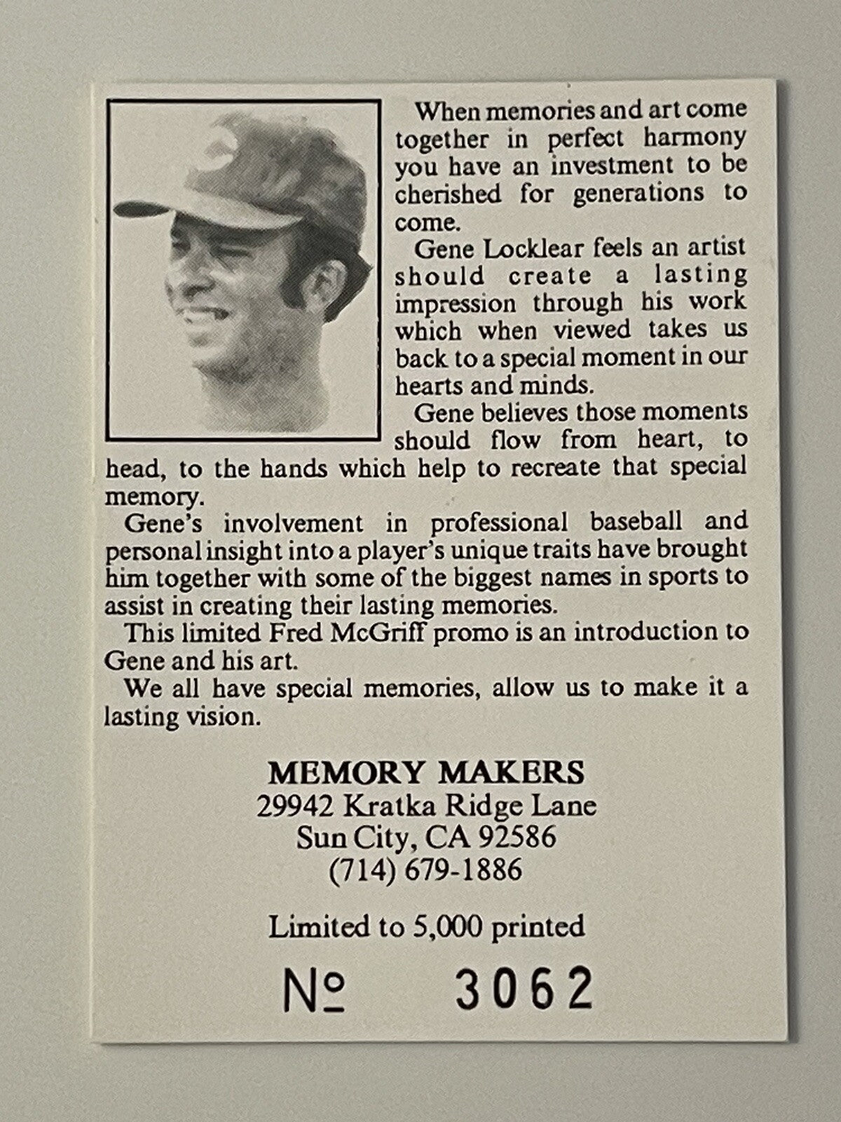 1992 Memory Makers Gene Locklear draws Fred McGriff Promo Card 3062/5000 MINT!