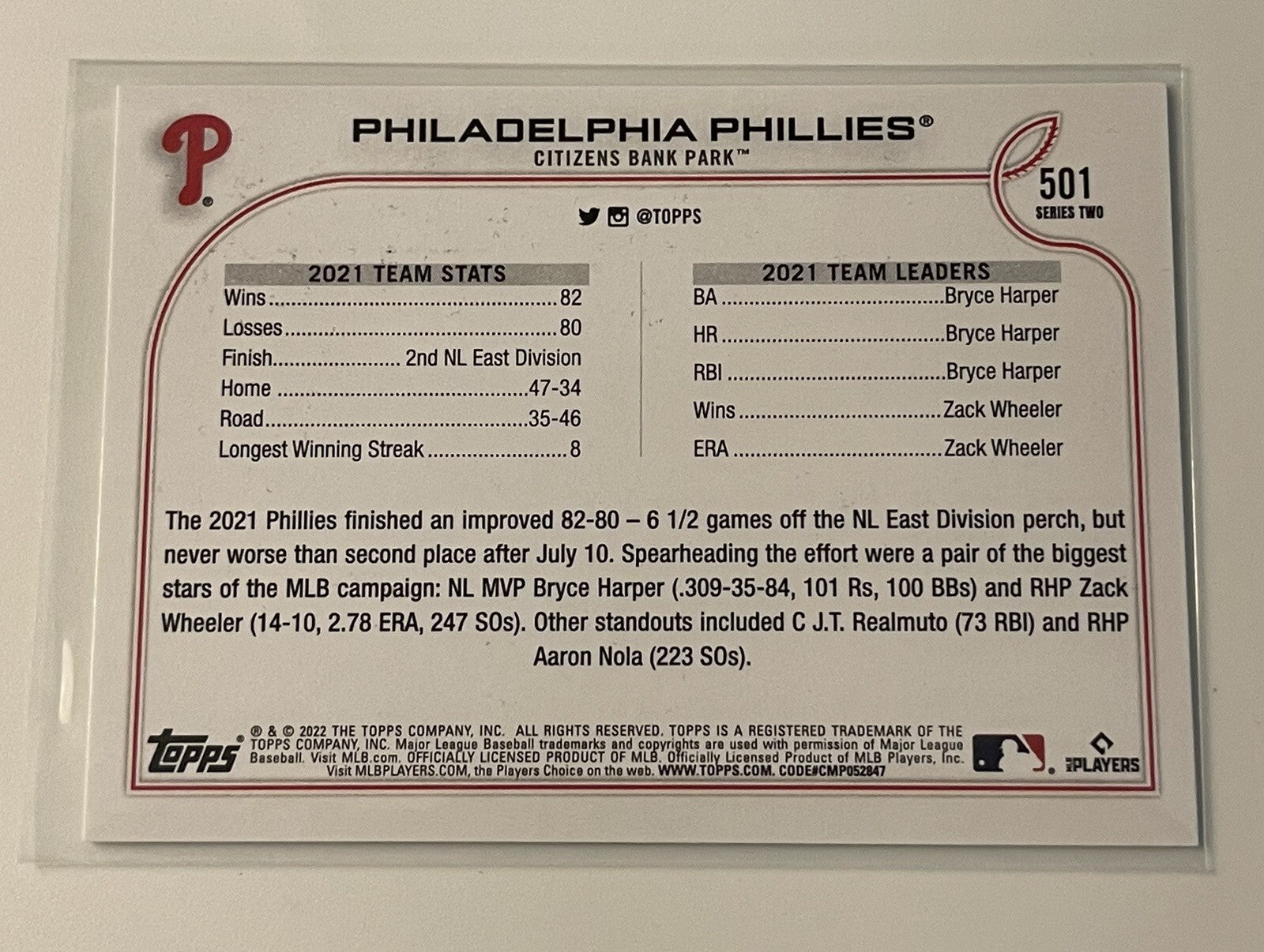 2022 Topps Series 2 Philadelphia Phillies Team Card/ Base Parallel MLB Card #501
