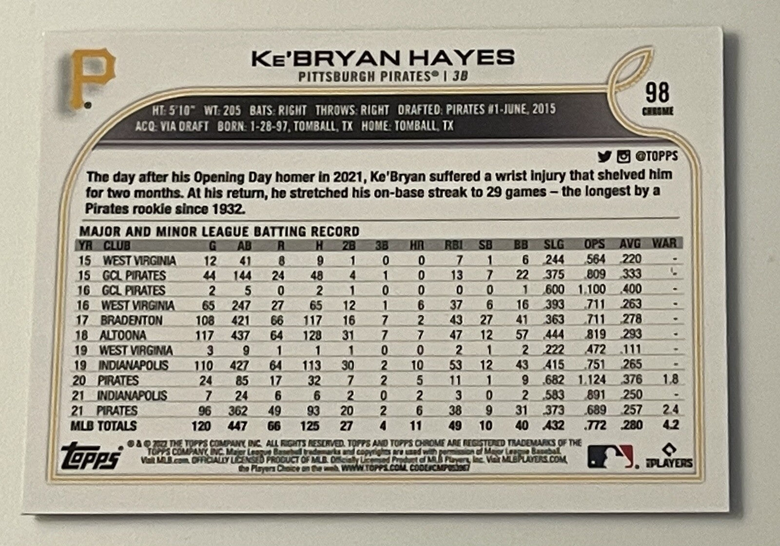 2022 Topps Chrome Kebryan Hayes #98 Prism Refractor Pittsburgh Pirates MLB MINT!