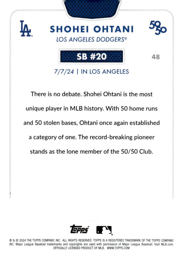 50/50 LIMITED EDITION! Shohei Ohtani MLB LA Dodgers 2024 TOPPS NOW Season #SB 20