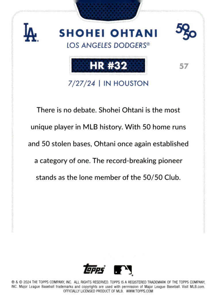 50/50 LIMITED EDITION* Shohei Ohtani MLB LA Dodgers 2024 TOPPS NOW Season #HR 32