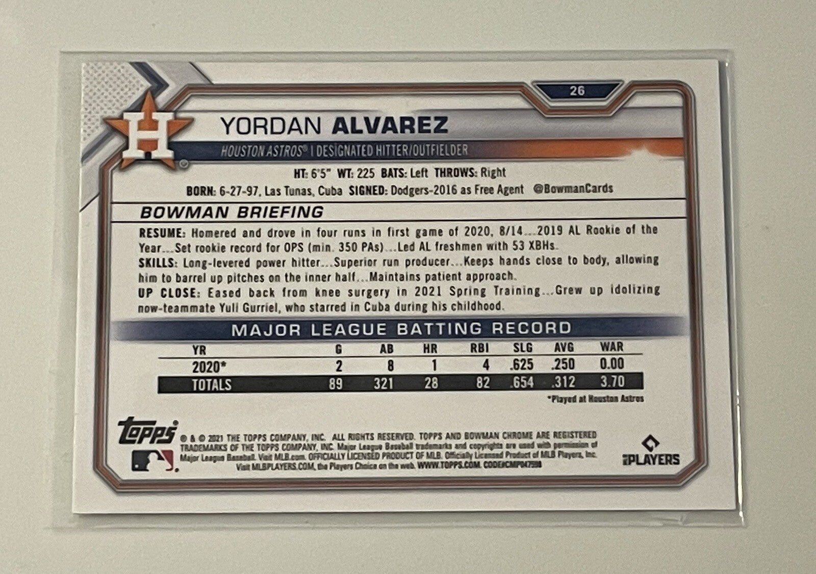 2021 Bowman Chrome - Yordan Alvarez* - MLB AL Houston Astros - Baseball Card #26