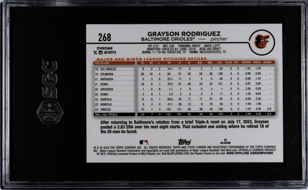 2024 Topps Chrome Grayson Rodriguez MLB Baltimore Orioles Baseball #268 - SGC 10