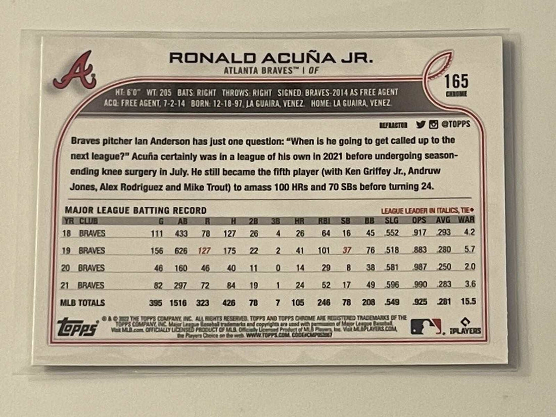 2022 Topps Chrome Ronald Acuna Jr. refractor card #165 Atlanta Braves MLB