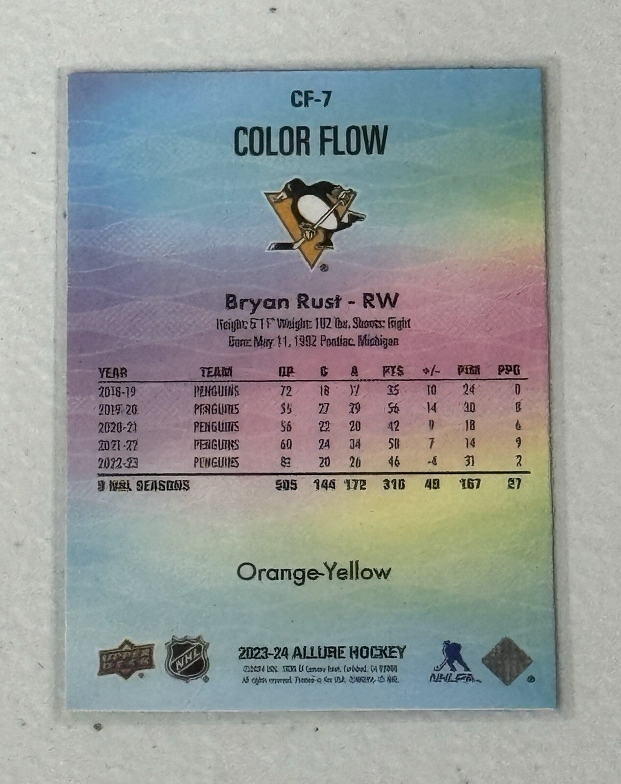 Bryan Rust 2023-24 UD NHL Allure - Color Flow - Orange CF-7 Pittsburgh Penguins