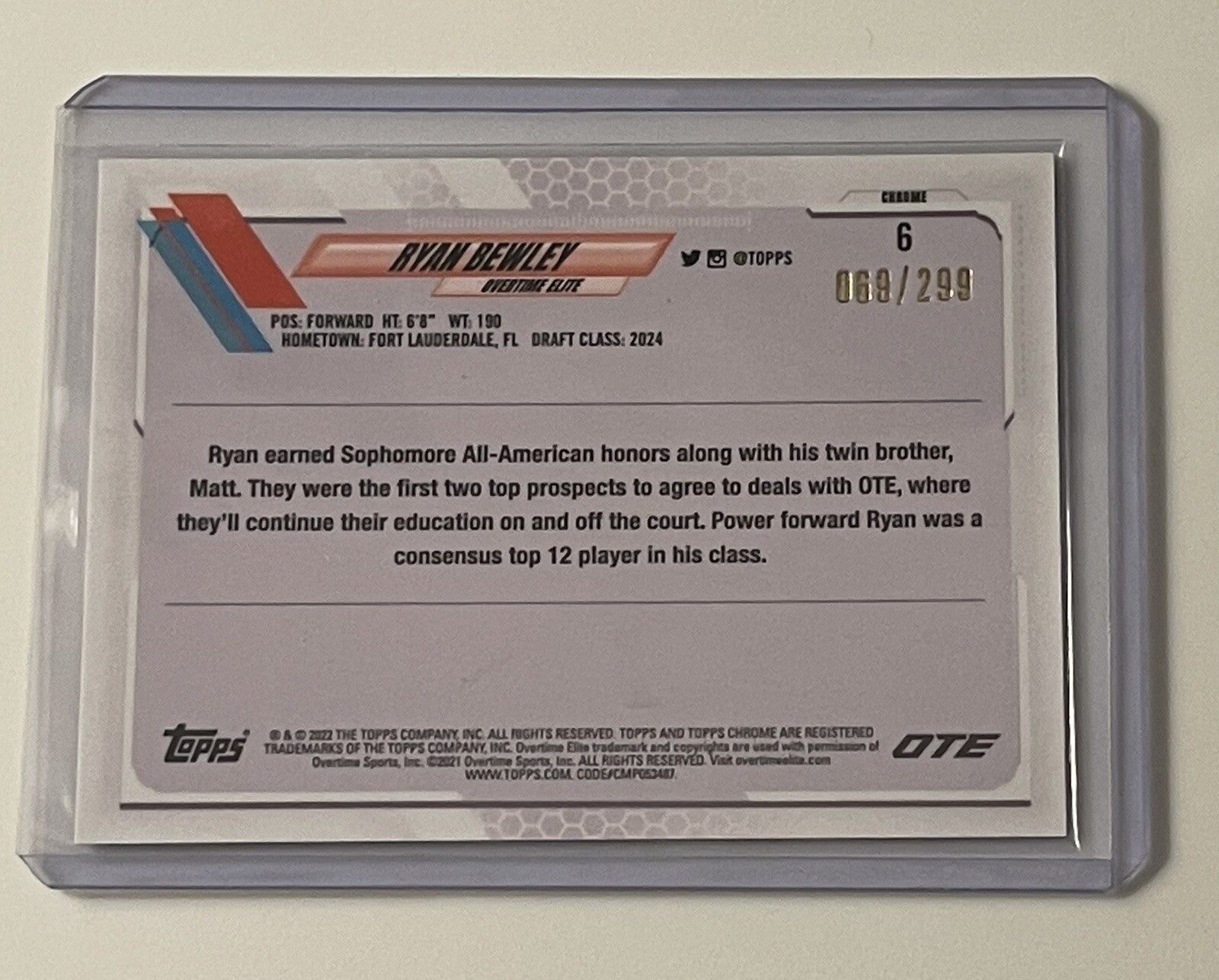 Ryan Bewley* RC 2021-22 Topps Chrome OTE Baske #6 Rookie Purple Refractor 69/299