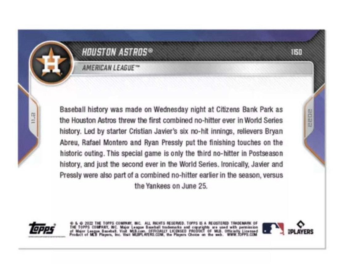 Houston Astros 2022 Topps Now MLB No Hitter World Series Champions trading card with team players and logo