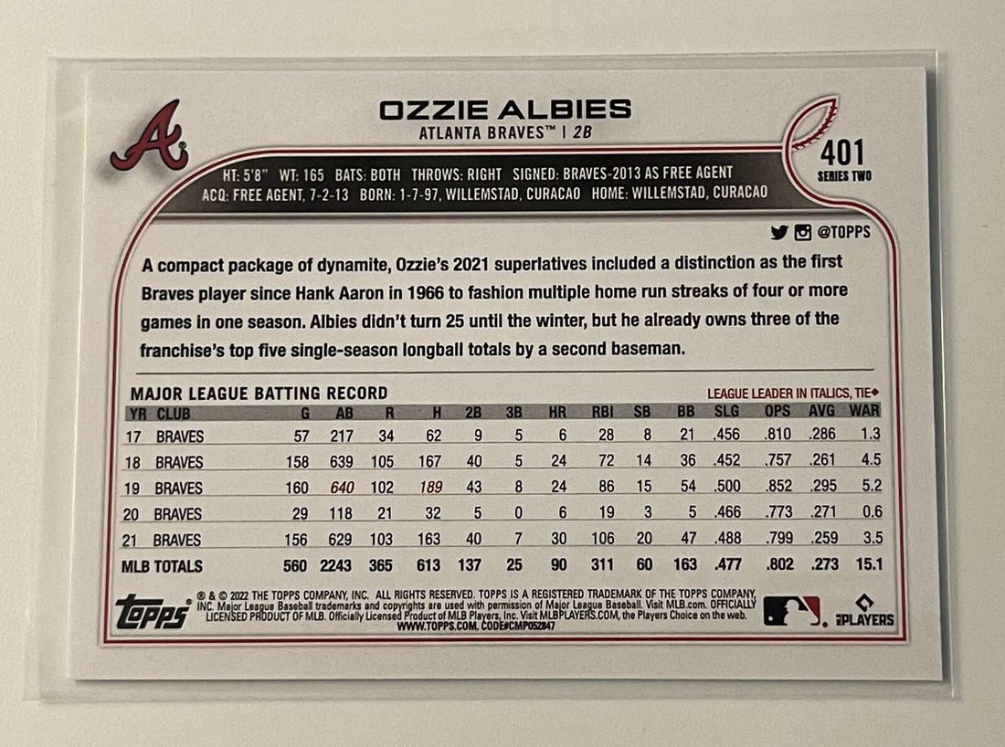 2022 Topps Series 1 Ozzie Albies MLB Atlanta Braves baseball card #401 in mint condition