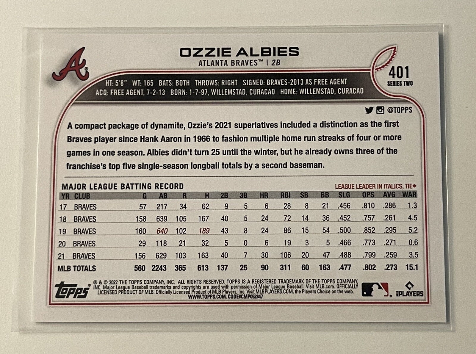 2022 Topps Series 1 - Ozzie Albies - MLB Atlanta Braves Card #401 Centered Mint*