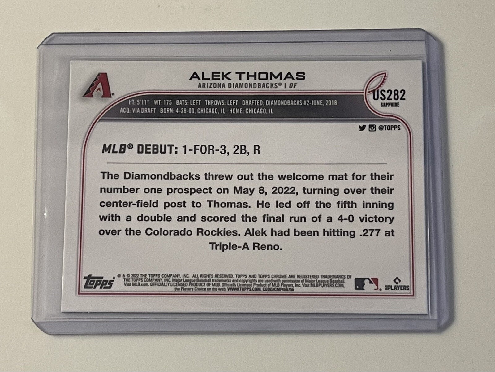 2022 Topps Chrome Update Sapphire #US282 Alek Thomas RC Debut - MLB Diamondbacks