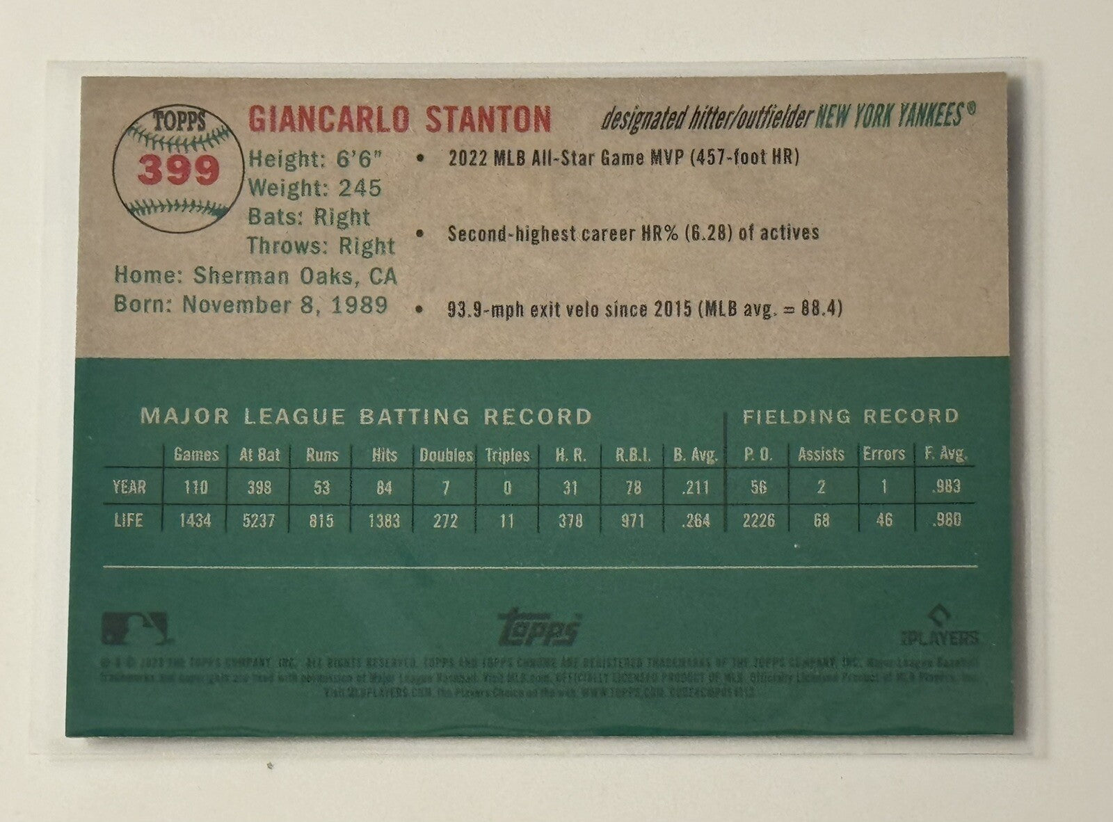 Giancarlo Stanton* 2023 TOPPS CHROME PLATINUM ANNIVERSARY - NY Yankees Card #399