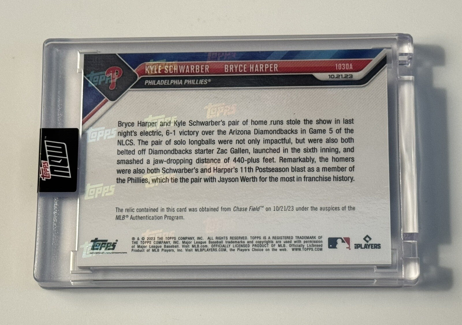 Game-used Base Relic 35/99 Kyle Schwarber/Bryce Harper - 2023 Topps Now* IN HAND