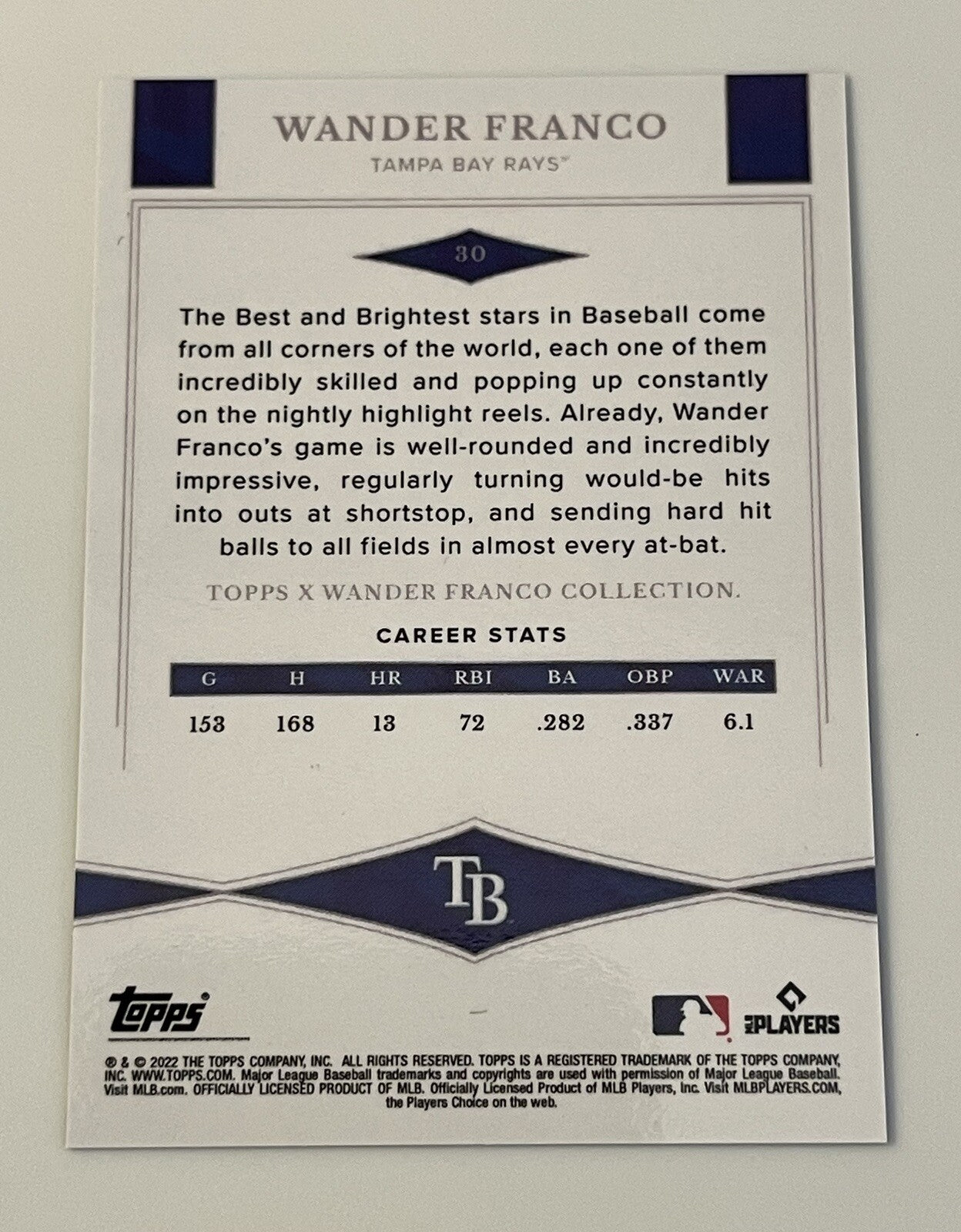 WANDER FRANCO RC 2022 Topps X Wander Franco Collection #30 MLB Tampa Bay Rays.
