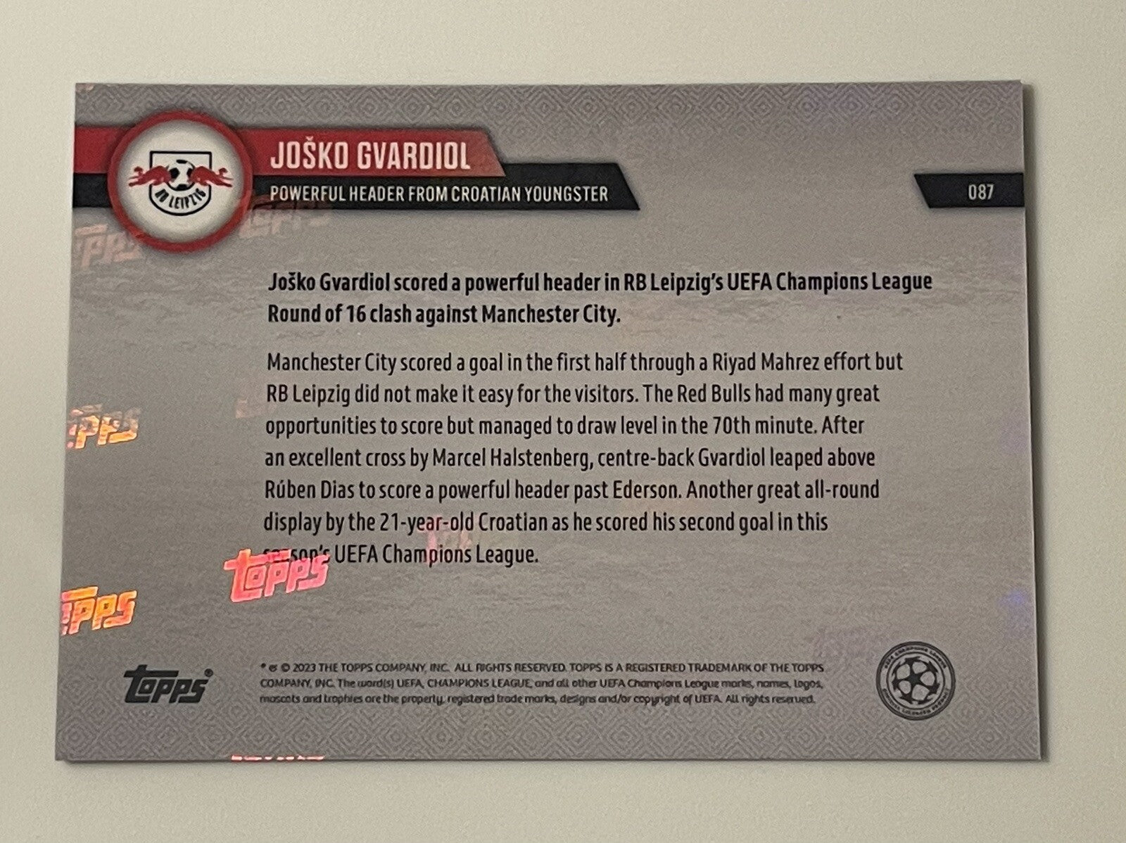 JOSKO GVARDIOL 2023 Topps NOW UCL Card #87 RB Leipzig Scored Header Futbol Card*