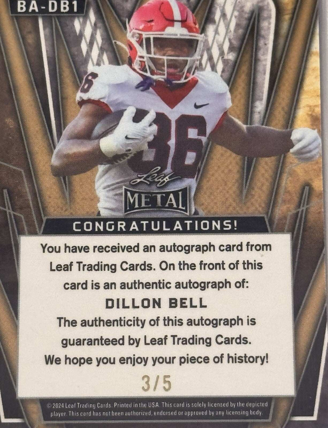 Dillon Bell Rookie Card 2024 Leaf Metal UGA Bulldogs autographed football collectible SEC Champs limited edition