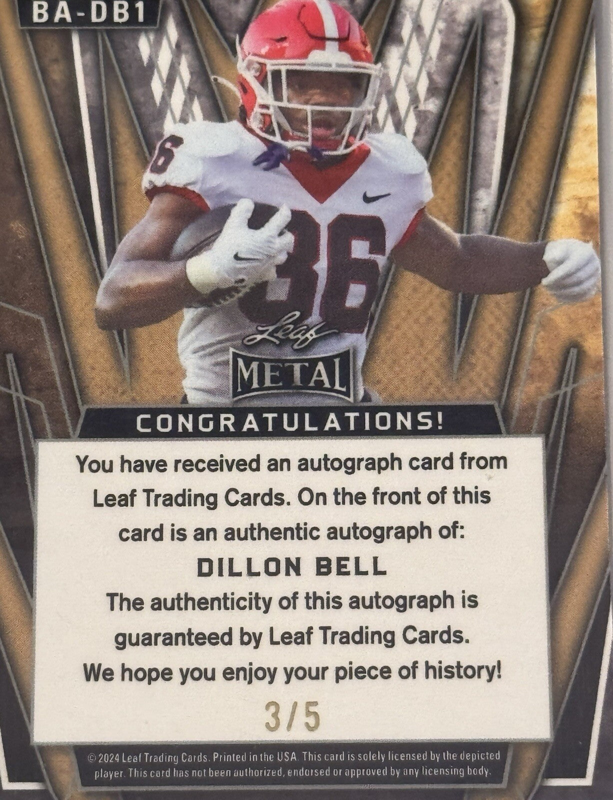 3/5* Dillon Bell RC Auto 2024 Leaf Metal UGA BULLDOGS Card #BA-DB1 - SEC Champs!