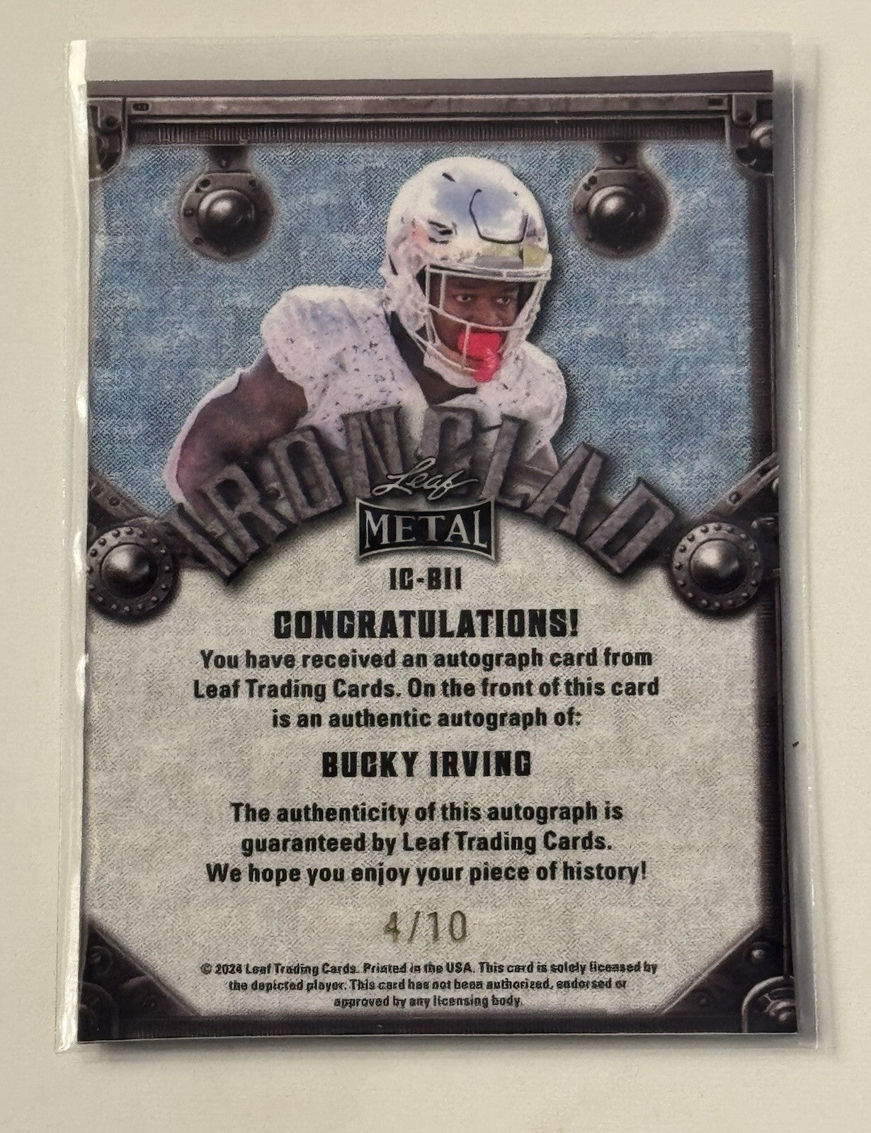 4/10 Bucky Irving RC* Auto 2024 Leaf Metal IRONCLAD Oregon Ducks/TB Bucs #IC-B11