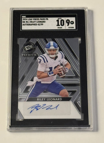 42/99 Riley Leonard RC Auto - 2024 LEAF PRESS PASS PREMIUM PURPLE ROOKIE - SGC 9