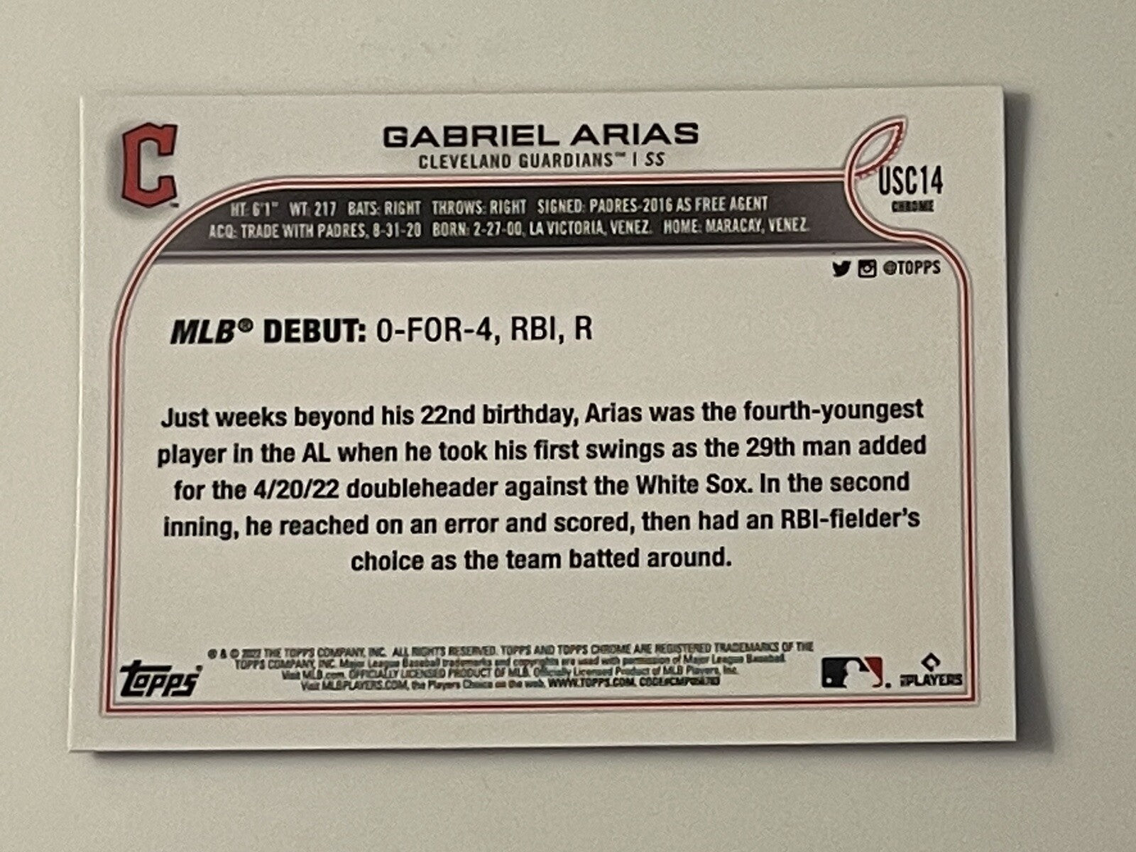 2022 Topps Chrome Update Gabriel Arias Purple Refractor Rookie #USC14 Guardians*