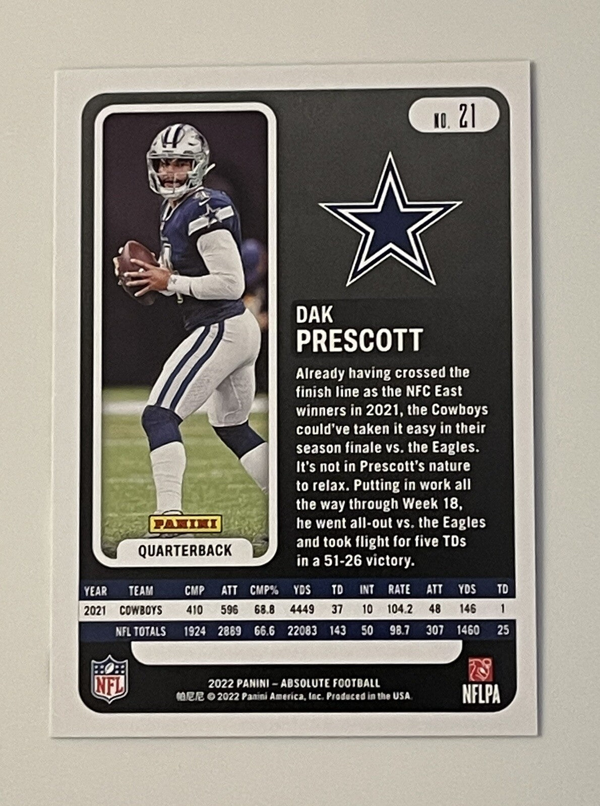 2022 Panini Absolute Football Dak Prescott NFL Dallas Cowboys Football Card #21*
