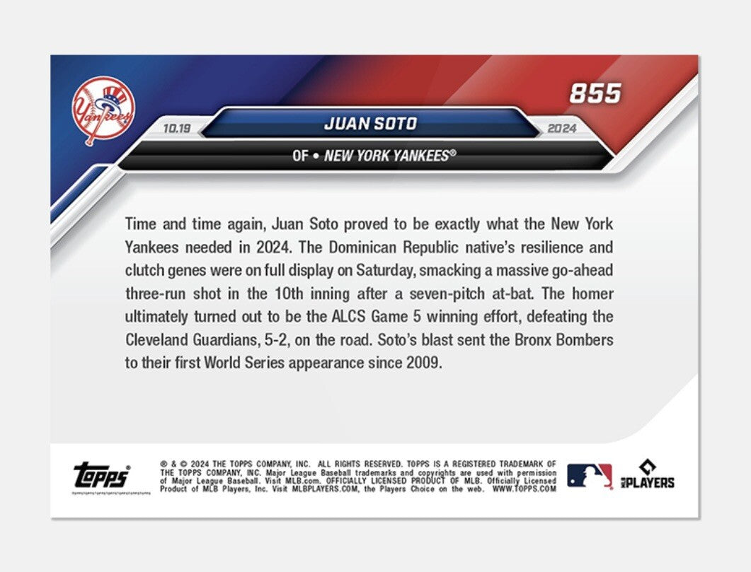 Juan Soto* ALCS* HR Sends NY Yankees To World Series! 2024 Topps NOW #855 READY!