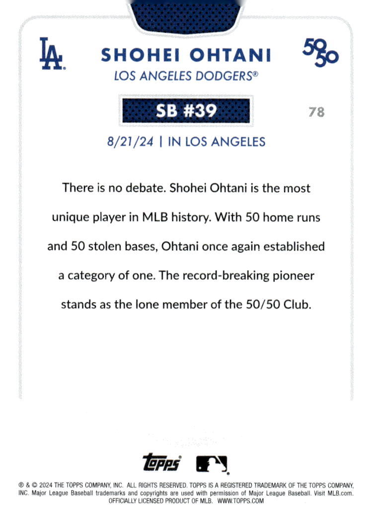 50/50 LIMITED EDITION! Shohei Ohtani MLB LA Dodgers 2024 TOPPS NOW Season #SB 21