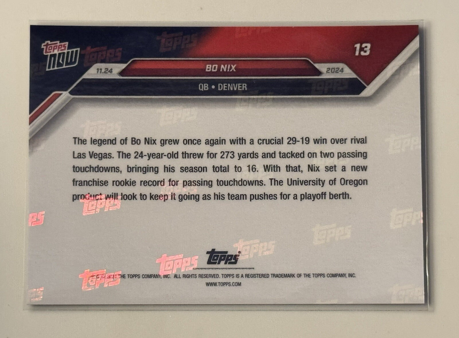 7/25* Bo Nix 2024 Topps NOW Football Card Denver Broncos RC PURPLE VARIATION #13