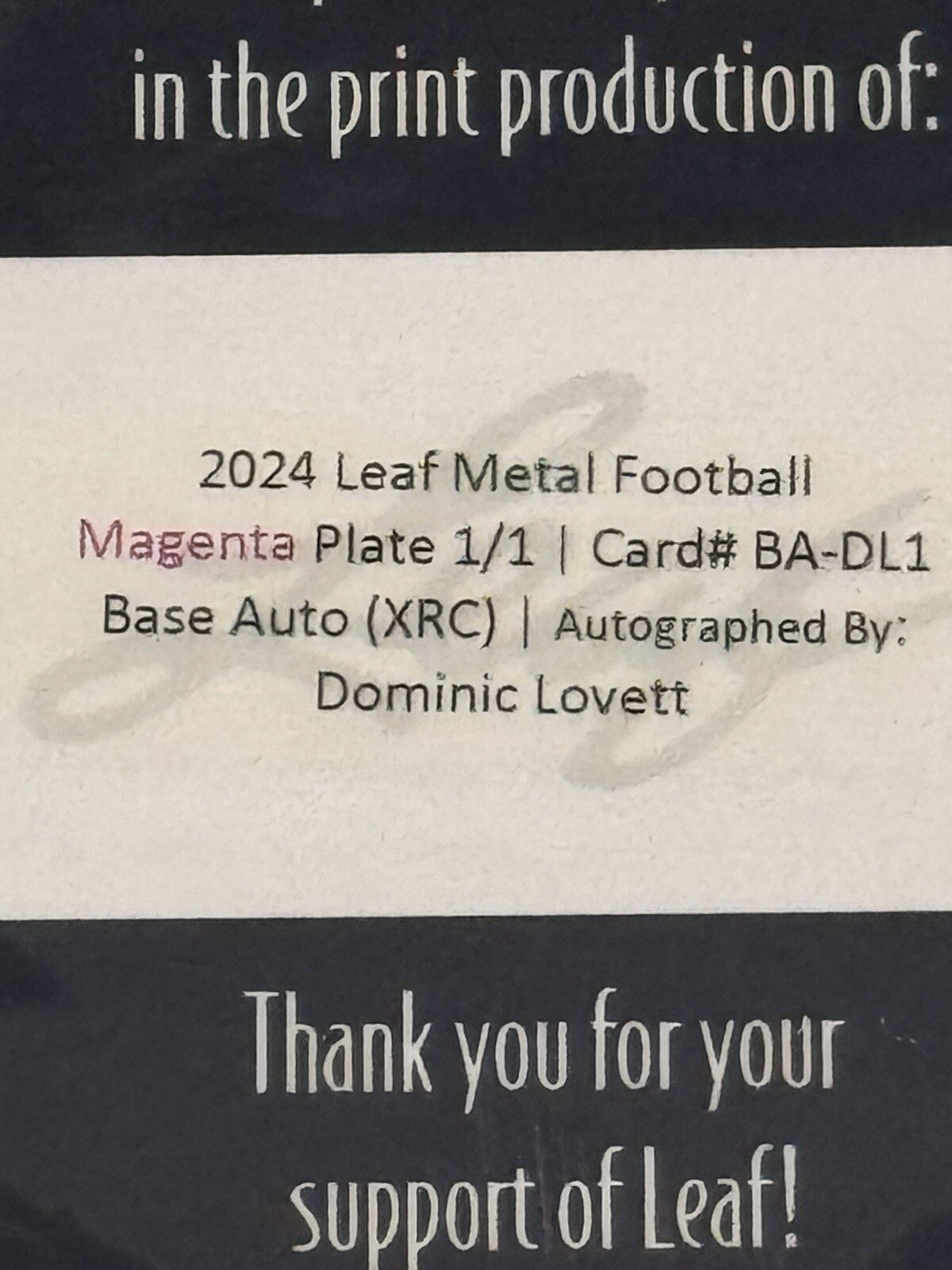 1/1 Limited Editon! DOMINIC LOVETT RC Auto UGA 2024 LEAF METAL XRC - PRINT PLATE