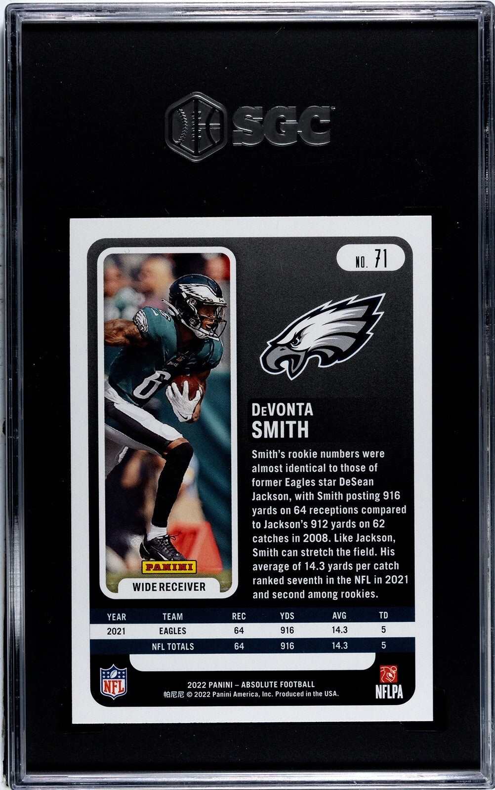 2022 DeVonta Smith Panini Absolute #71 green parallel graded 9.5 Philadelphia Eagles NFL trading card