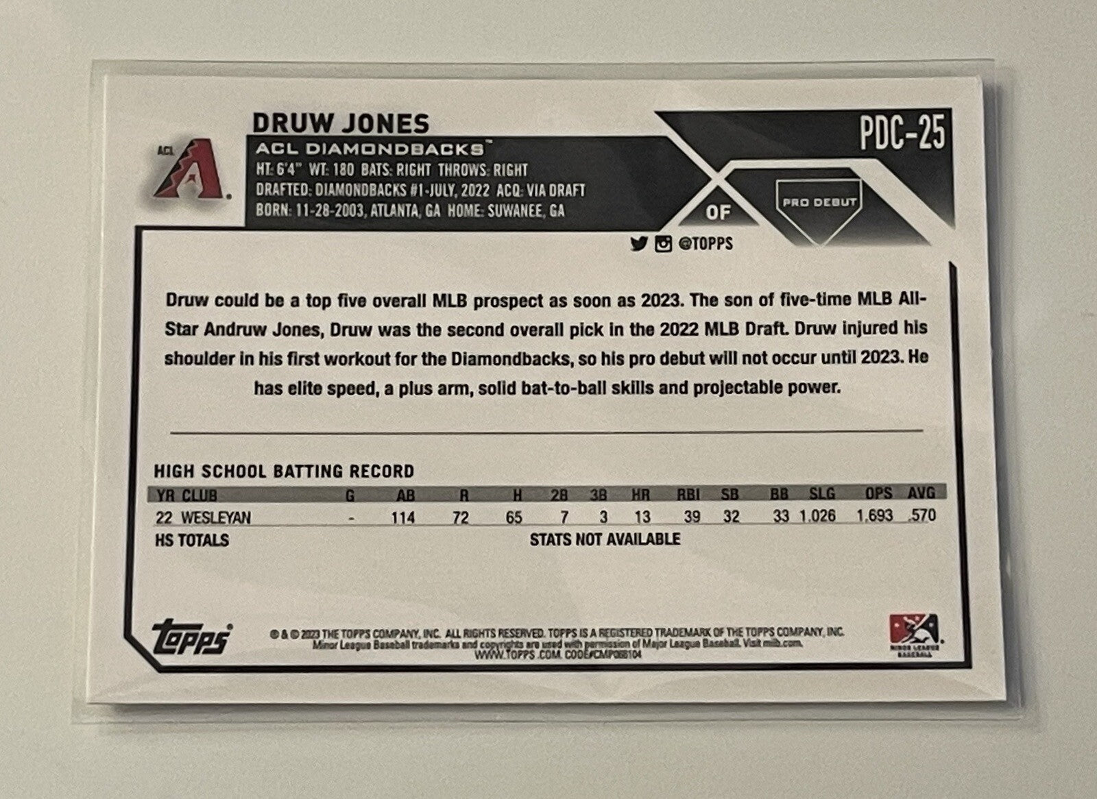 2023 Topps Pro Debut Chrome Druw Jones #PDC-25 RC ACL Diamondbacks - MLB Rookie