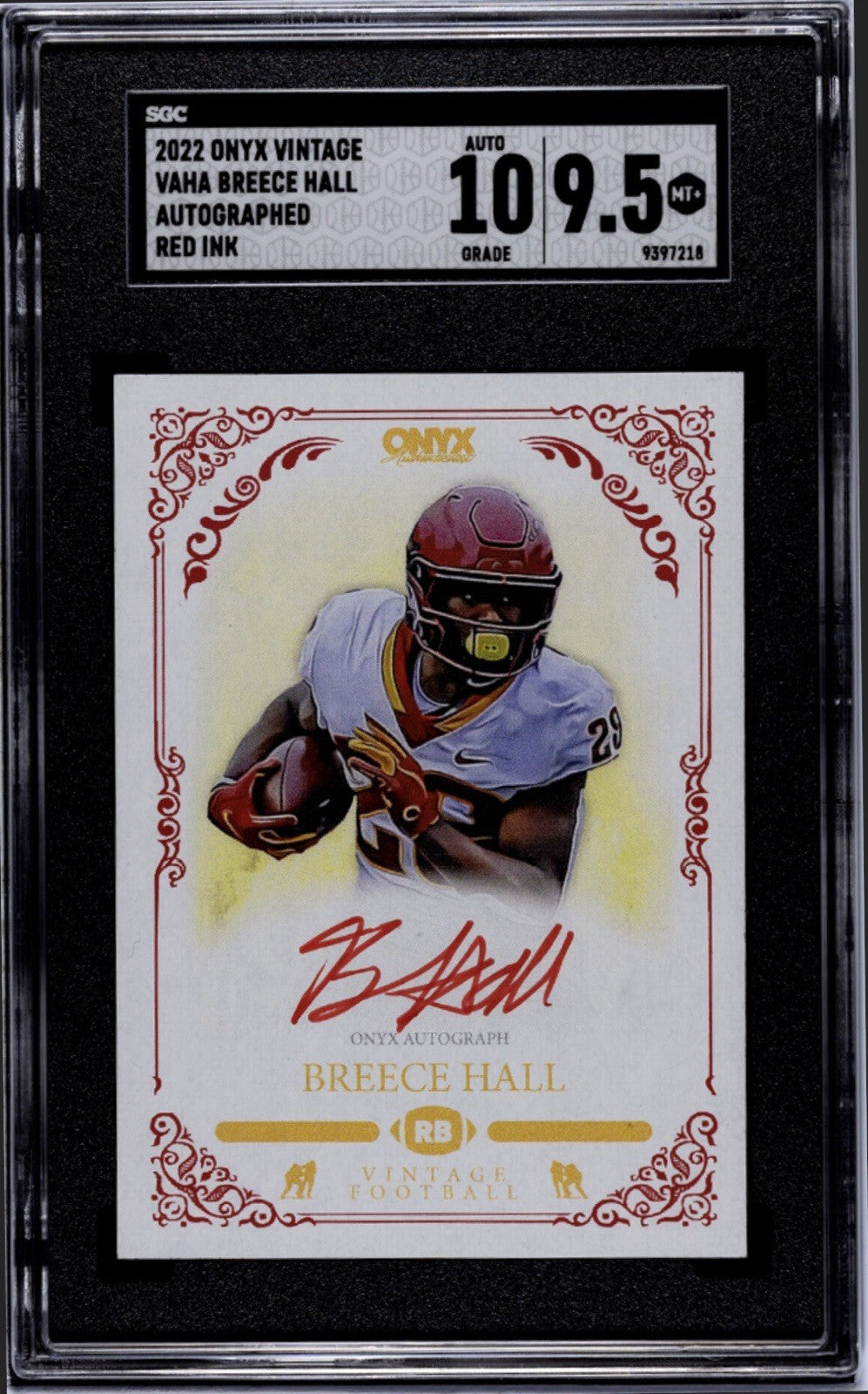 /25* 2022 Onyx Vintage Breece Hall On Card Red Ink Auto SP vAHA NFL Jets SGC 9.5