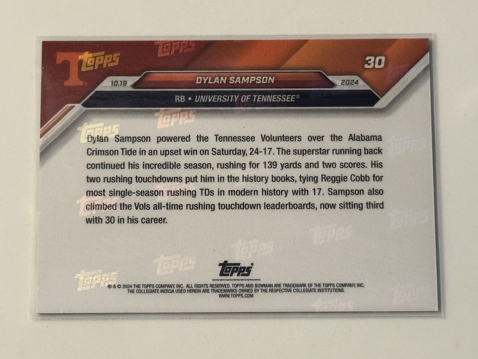 4/49* Dylan Sampson RC Ties Vols TD Record 2024 Bowman U Now Football #30 READY!