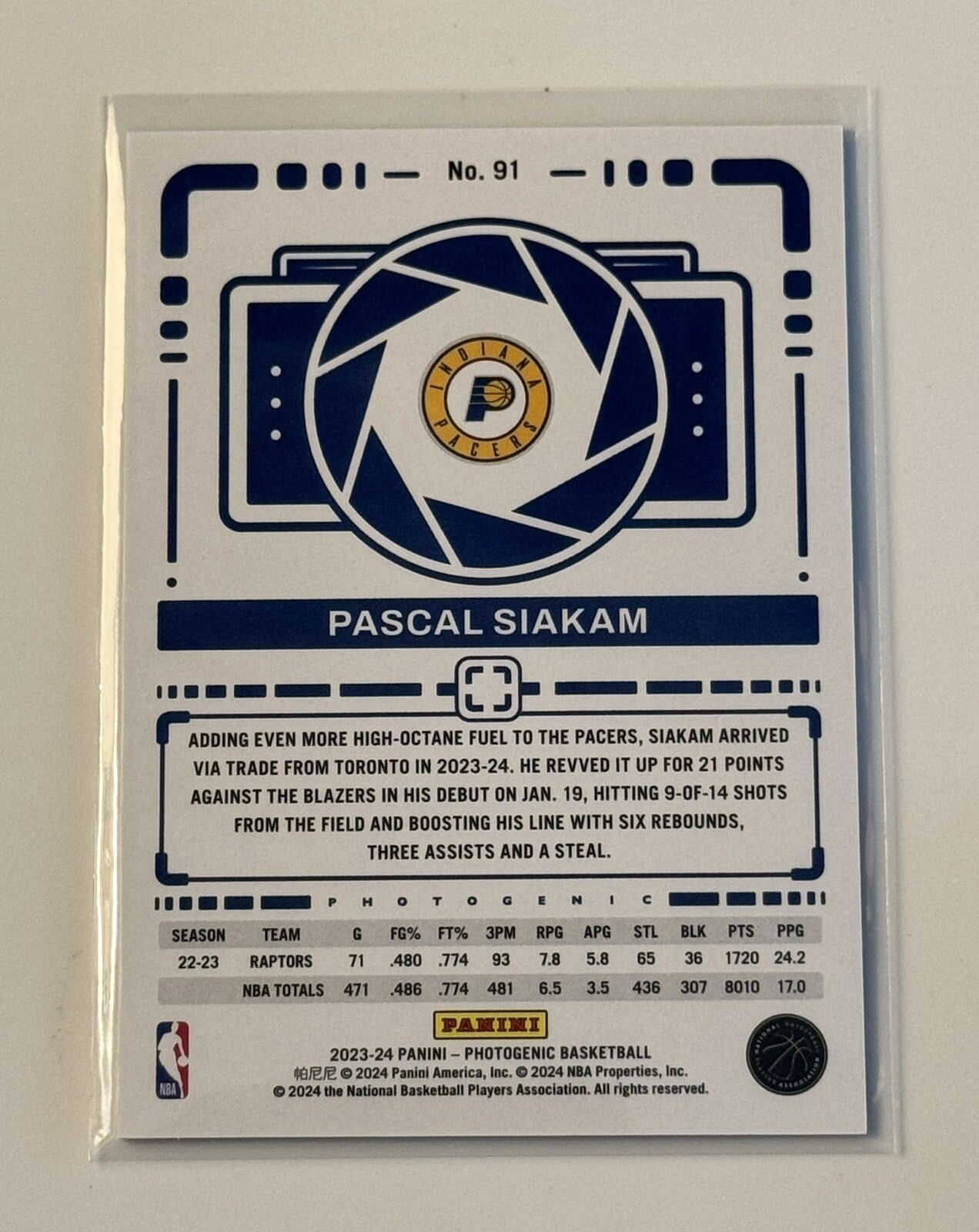 Pascal Siakam* 2023-24 Panini Photogenic NBA Indiana Pacers Basketball Card #91*