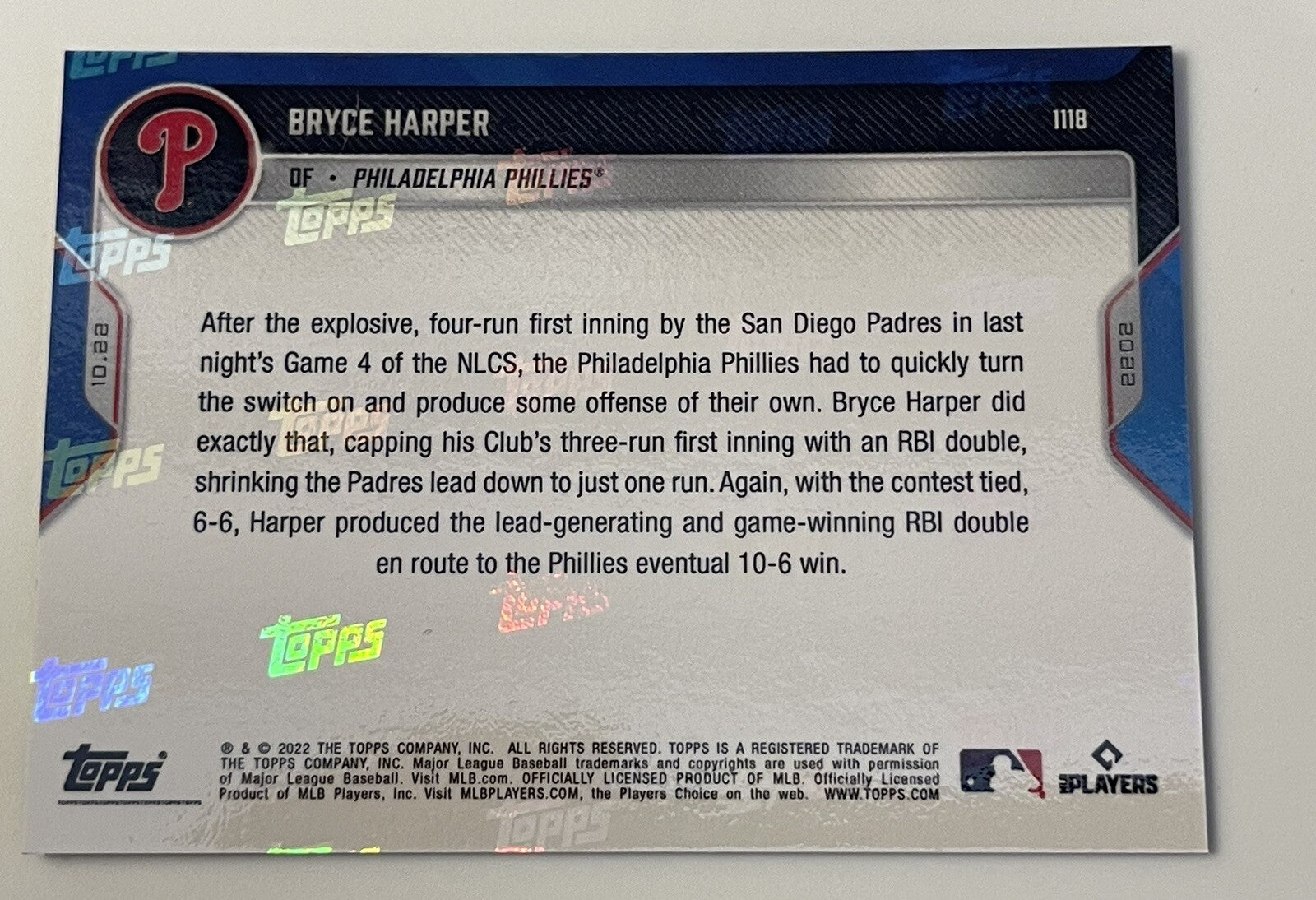 Bryce Harper* 13/25 2022 MLB TOPPS NOW 2 HR NLCS Card #1118 MLB Phillies - NLCS*