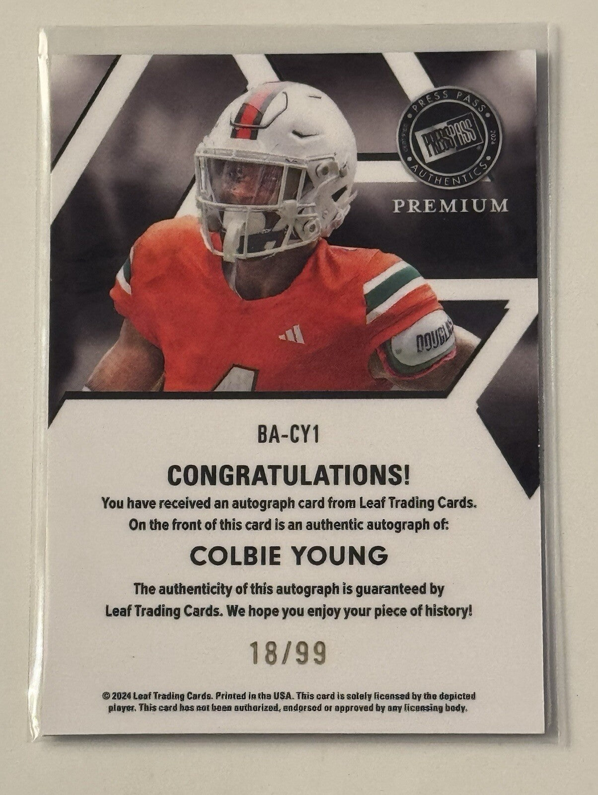 18/99 COLBIE YOUNG RC* Auto 2024 LEAF PRESS PASS PREMIUM - UGA Dogs Card #BA-CY1