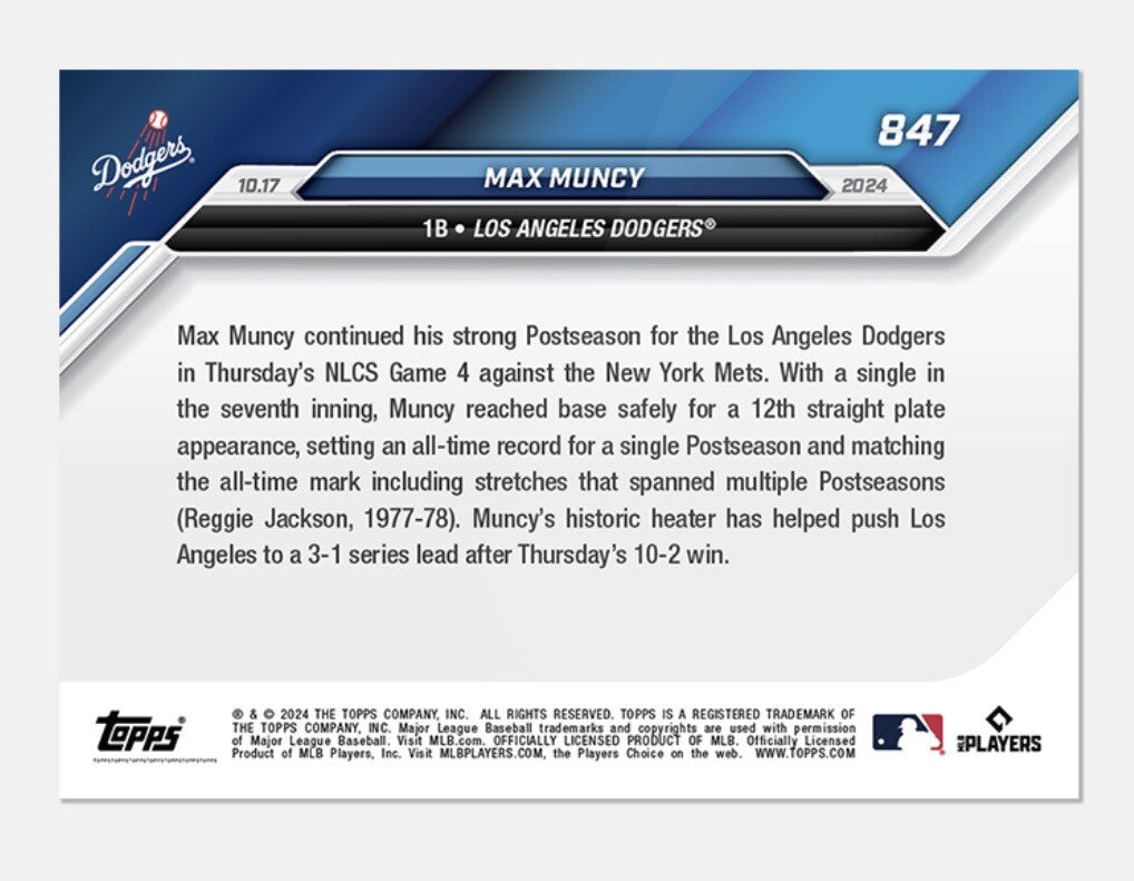 MAX MUNCY - 2024 Topps NOW Breaks Postseason Record - LA Dodgers NLCS #847 READY
