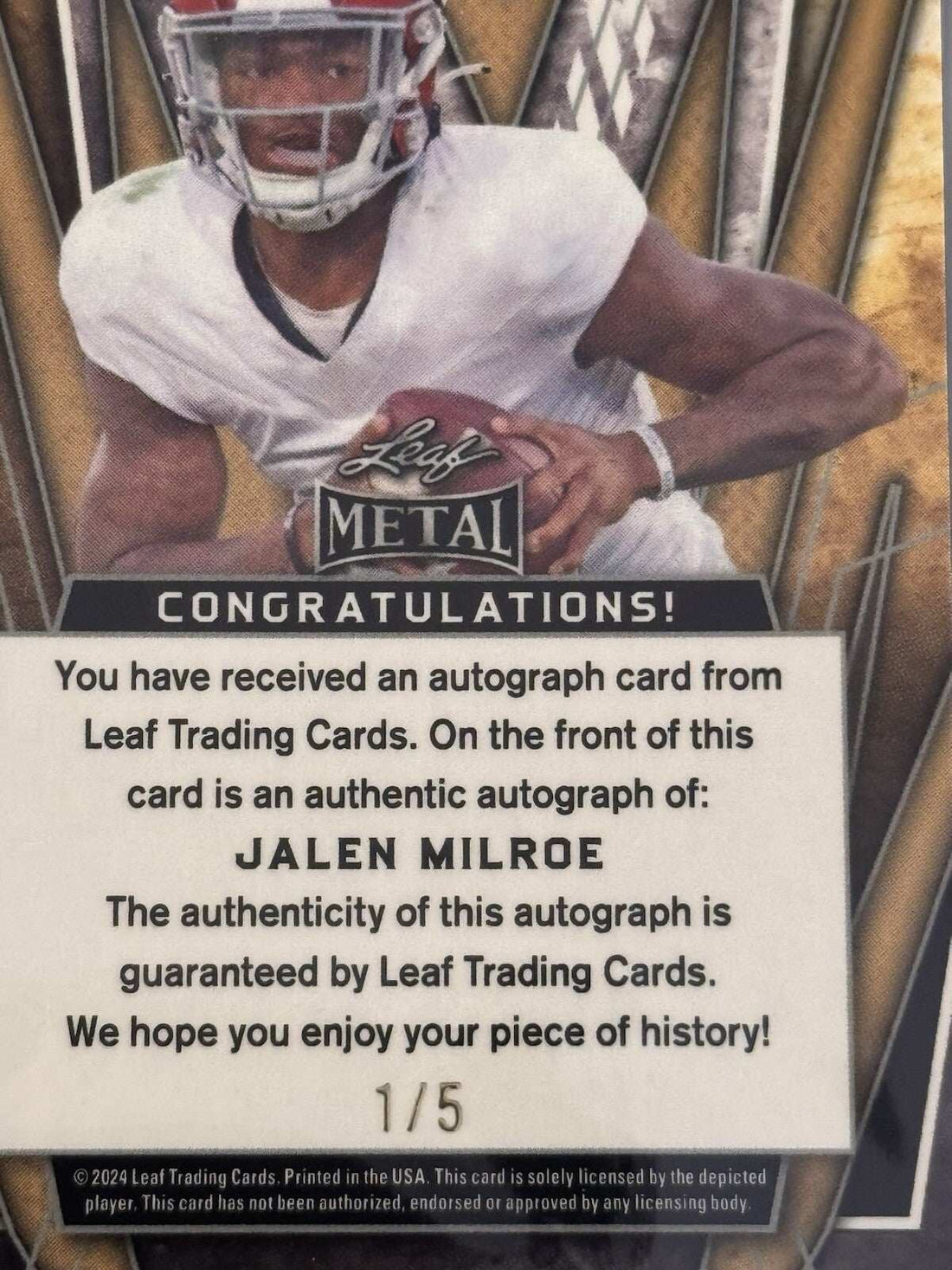 2024 Leaf Metal Jalen Milroe RC Auto football card with Red Wave parallel and autograph